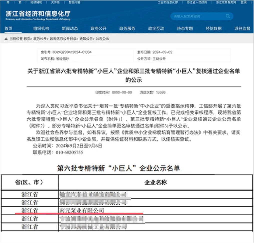 南元泵业荣获2024年 国家级 专精特新“小巨人”企业称号